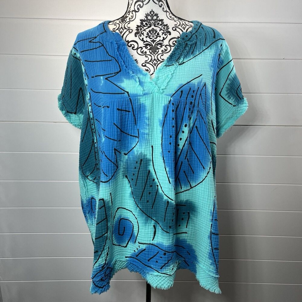 Handpainted Artisan Signed V-Neck Top Sz Large Lagenlook Art To Wear Coastal